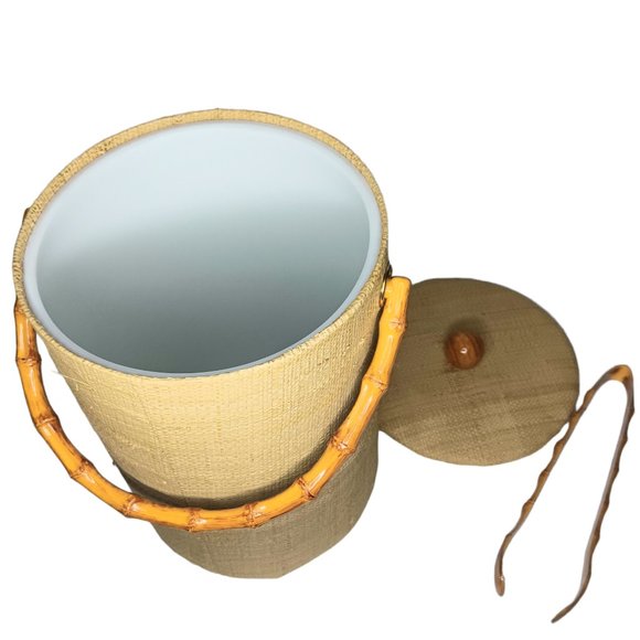SOLD - Ice Bucket Grasscloth Raffia Faux Bamboo Handle MatchingTongs MCM BOHO - Picture 5 of 13